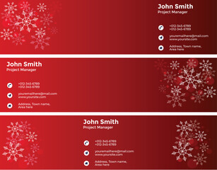Festive red business card with snowflakes and contact details for john smith, project manager