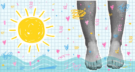 Funny Summer Vector Collage with Legs Dipping in the Sea and Cute Doodle Sun For Sale Banners, Vacation Backgrounds, and Brochures
