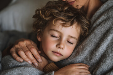 Tender moment of a young child peacefully sleeping in the comforting embrace of a loved one wrapped in cozy knitwear