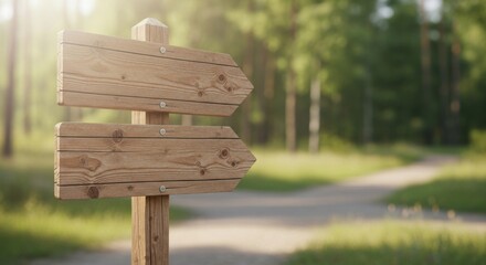 Wooden Direction Signpost on Forest Path in Bright Sunny Day