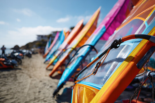 Colorful windsurfing sails lined up on a sunny beach ready for water sports enthusiasts - Powered by Adobe