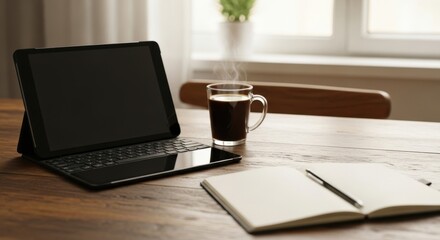 Fototapeta premium Modern Workspace with Laptop Coffee Mug and Notebook in Bright Natural Light
