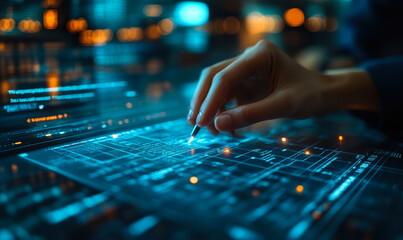 Hand interacting with futuristic digital interface showing glowing data streams and technology integration concept for seamless business systems and AI automation