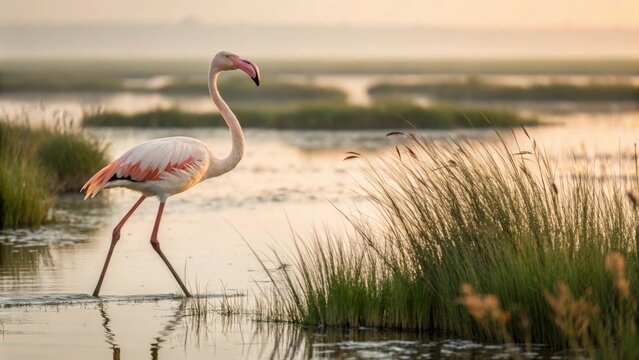 Elegant Flamingo Walking Through Tranquil Marshland at Sunrise