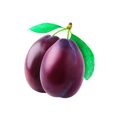 Plum fruit with green leaves isolated on white background