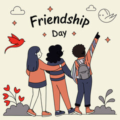 Three friends celebrating friendship day with birds and heart shaped flowers