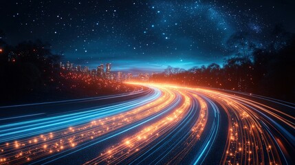 Night highway curves through city, with light trails and stars