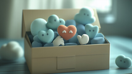 Cute 3D render of a cardboard box filled with expressive heart and cloud icons, cartoon style with soft lighting and warm atmosphere.