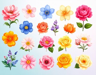 Spring Flowers, 3d icon set. Colorful delicate flower. Pink Cherry Blossom,