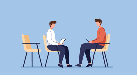 Fototapeta premium People Sitting, Discussing on Blue Backdrop, Empty Chair; Brainstorming, Interview