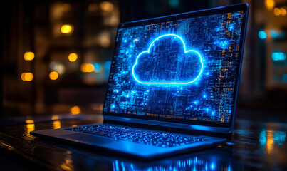 Laptop computer displaying glowing digital cloud icon on screen representing cloud computing and data storage network technology concept in futuristic style at night
