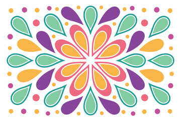 A vibrant abstract and colorful pattern featuring a symmetrical floral design.