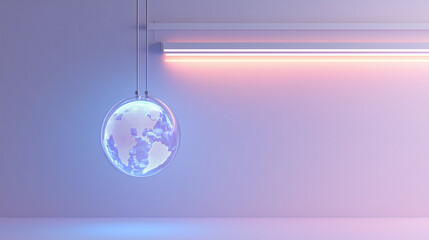 Digital translucent globe suspended from ceiling, illuminated by soft purple and blue lights in a minimalist futuristic space.