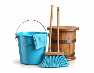 Home cleaning 3d tools. Isolated render realistic elements. Cleaning service equipmen