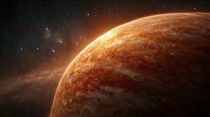 Naklejka premium Vibrant alien planet illuminated by distant celestial bodies and surrounded by a beautiful cosmic expanse