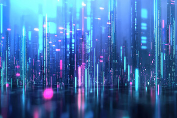 Fototapeta premium Futuristic cityscape with glowing skyscrapers and vibrant holographic lights creates mesmerizing atmosphere