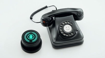 Black rotary phone with a smiley face dial next to a glowing digital button, blending retro and futuristic design in a minimalist setting.