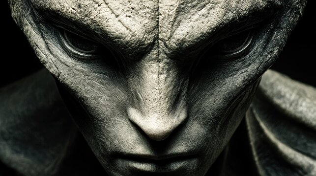 Alien figure emerges from the shadows with intricate textures and an enigmatic expression in a cosmic environment