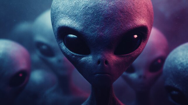 Alien beings gather in a mysterious space environment revealing their intriguing features and expressions