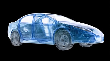 X-ray style transparent car model,soft lighting highlighting side profile,wide-angle shots from multiple angles on black background, precise contours of internal components,automotive visualization