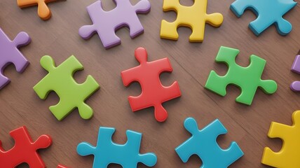 Obraz premium Scattered colorful puzzle pieces with unique shapes and interlocking tabs create a playful and engaging abstract pattern on a textured background
