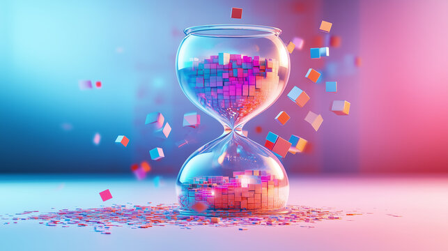 Surreal 3D render of a transparent hourglass filled with colorful digital cubes, floating against a vibrant background.