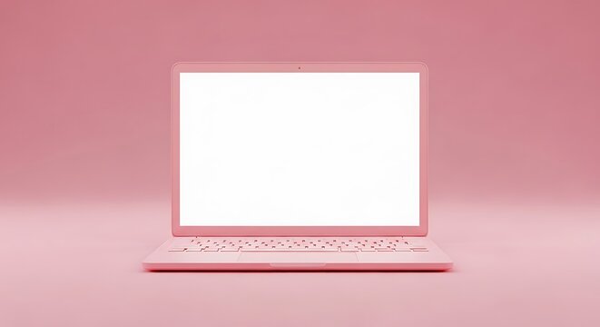 Pink laptop with a blank screen, isolated on white background