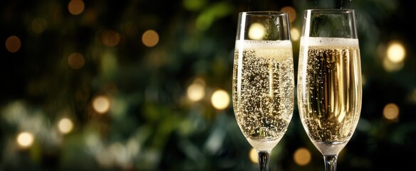 The elegant champagne glasses sparkling with bubbles against a festive background.