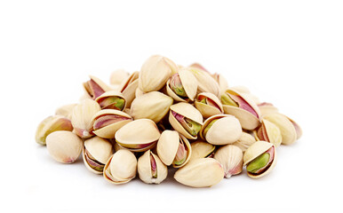 Heap of tasty pistachio nuts isolated on white
