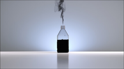 Minimalist plastic bottle filled with dark liquid, emitting smoke in a clean environment, evoking mystery, toxicity, and conceptual depth.