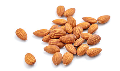 Organic almond nuts on white background.