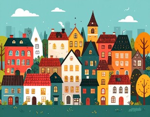 Various small tiny houses. Cartoon small houses, minimalism city buildings. Vector 