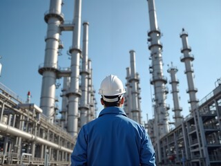 Fototapeta premium Engineer observes industrial facility with towering structures and clear blue sky in background during daytime