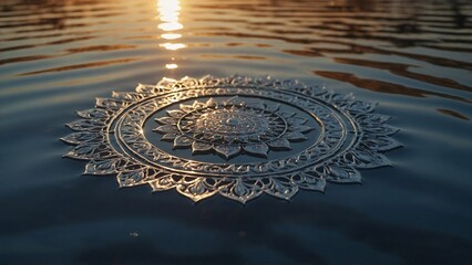 Silver 3D Mandala Symbol Reflecting on Water at Sunset