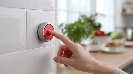 a finger pressing a discreet red panic button on a kitchen wall, safety concept, clean modern interior, close up