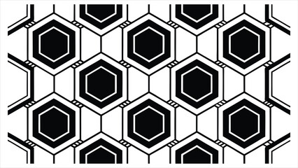 Geometric pattern of interlocking black hexagons with white outlines and connecting lines creating a tessellating honeycomb effect on a white background