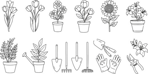 Collection of Hand Drawn Garden Plants and Tools in Outline Style gardening flowers