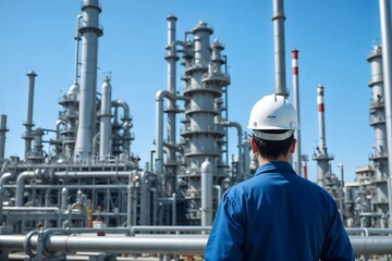 Engineer observes industrial plant operations for efficiency and safety improvements in bright daylight