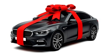 Black Sedan Car Wrapped in a Large Red Ribbon and Bow gift automobile