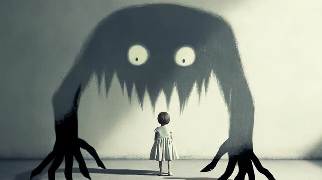 A young child bravely confronts their deepest fears as a terrifying, monstrous shadow looms ominously before them