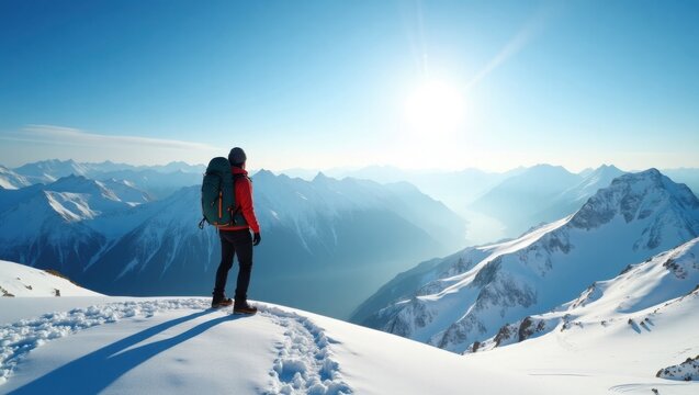 Hombre de pie en la cima de un pico nevado, la mirada del excursionista recorre un impresionante panorama de monta&ntilde;as escarpadas y cubiertas de nieve