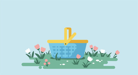 Picnic basket on grassy ground with flowers against a light blue background; flat icon