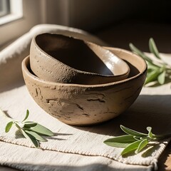 Two ceramic bowls, one nested inside the other, rest on a linen cloth with sprigs of sage in soft, natural light.
