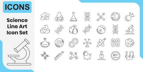 Science Line Art Icon Set with Microscopes, DNA, and Molecules icons