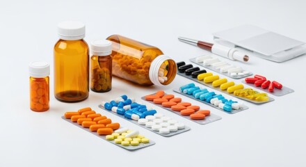 Assorted Prescription Pills Bottles Tablets Medical Supplies on White Background