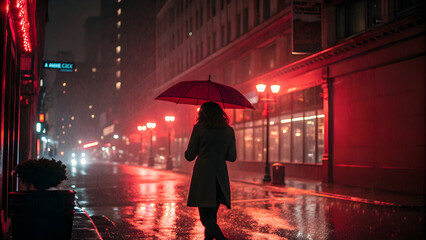 Young woman walking through the city street at night in the rain with an umbrella