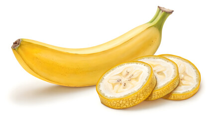 Fresh bananas and a lemon isolated on a white background create a vibrant, healthy, tropical fruit snack