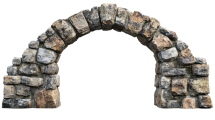 Ancient stone archway made of stacked rocks with rough texture isolated on white transparent background