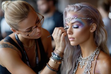 Makeup artist creating a shimmering look for a model at a beauty event in a studio setting