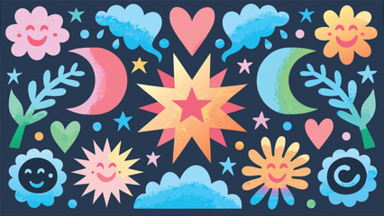 Watercolor moons, stars, hearts, clouds, suns, and plants on a dark blue background